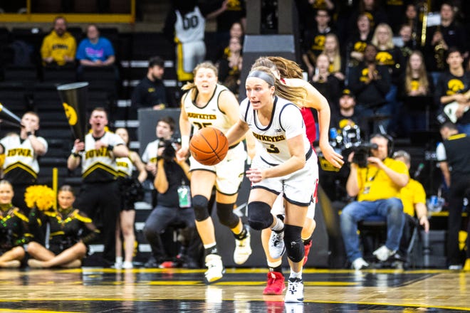 Iowa guard Makenzie Meyer (3) gets a steal during a NCAA Big Ten Conference women's basketball game, Sunday, Jan. 12, 2020, at Carver-Hawkeye Arena in Iowa City, Iowa.