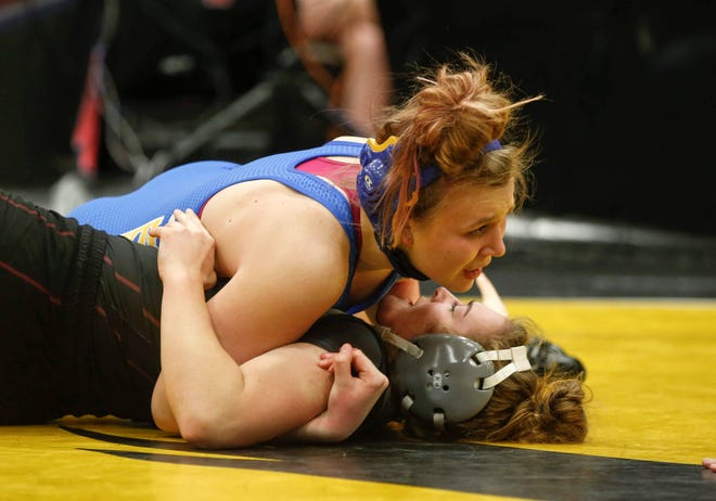 Humboldt's Kendal Clark pins Independence's Kenzie Fischels at 170 pounds for a state title during the 2020 Iowa girls state wrestling tournament on Saturday, Jan. 25, 2020, at Waverly-Shell Rock High School.
