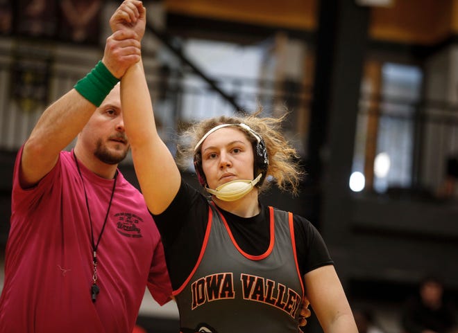 Iowa Valley's Millie Peach celebrates a win at 195 pounds over Rachel Eddy of Independence during the 2020 Iowa girls state wrestling tournament on Saturday, Jan. 25, 2020, at Waverly-Shell Rock High School.