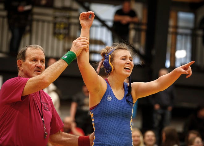 Humboldt's Kendal Clark celebrates after pinning Independence's Kenzie Fischels at 170 pounds for a state title during the 2020 Iowa girls state wrestling tournament on Saturday, Jan. 25, 2020, at Waverly-Shell Rock High School.