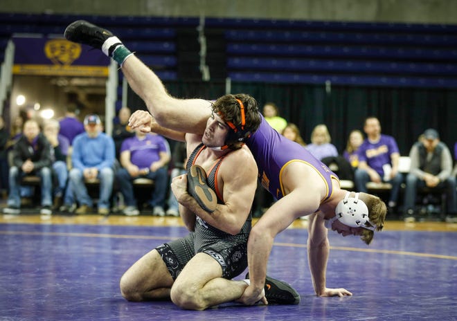 Northern Iowa's Keaton Geerts is dumped by Oklahoma State's Wyatt Sheets in their match at 157 pounds on Saturday, Jan. 25, 2020, at the McCleod Center in Cedar Falls.