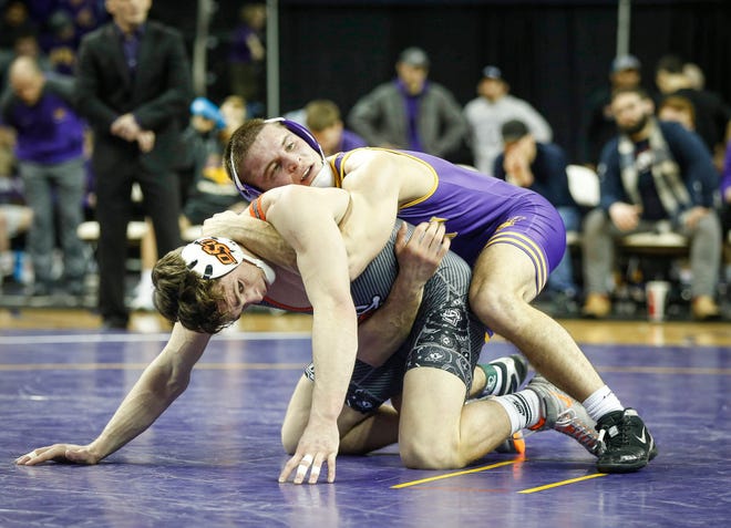 Northern Iowa's Max Thomsen controls Oklahoma State's Boo Lewallen in their match at 149 pounds on Saturday, Jan. 25, 2020, at the McCleod Center in Cedar Falls.