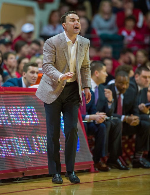 Indiana head coach Archie Miller reacts to action on the court during the first half of an NCAA college basketball game against Iowa, Thursday, Feb. 13, 2020, in Bloomington, Ind. (AP Photo/Doug McSchooler)