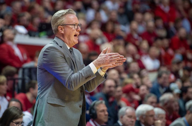 Iowa head coach Fran McCaffery reacts to action on the court during the first half of an NCAA college basketball game against Indiana, Thursday, Feb. 13, 2020, in Bloomington, Ind. (AP Photo/Doug McSchooler)