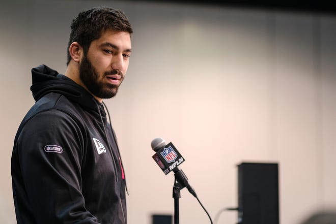 Iowa defensive lineman A.J. Epenesa speaks during a press conference at the NFL football scouting combine in Indianapolis, Thursday, Feb. 27, 2020.