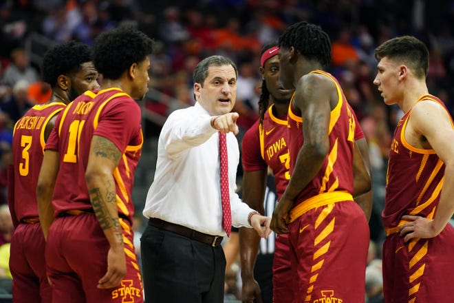 Iowa State coach Steve Prohm talks to his players during a timeout in the first half against the Oklahoma State Cowboys at Sprint Center on March 11, 2020.
