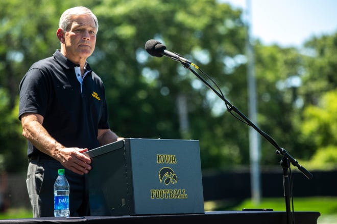 Iowa head coach Kirk Ferentz speaks during a press conference, Friday, June 12, 2020, in Iowa City, Iowa.