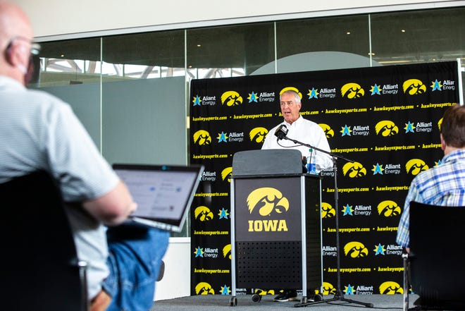 Iowa athletic director Gary Barta answers questions during a news conference, Monday, June 15, 2020, at Carver-Hawkeye Arena in Iowa City, Iowa.