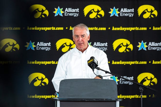 Iowa athletic director Gary Barta speaks during a news conference, Monday, June 15, 2020, at Carver-Hawkeye Arena in Iowa City, Iowa.