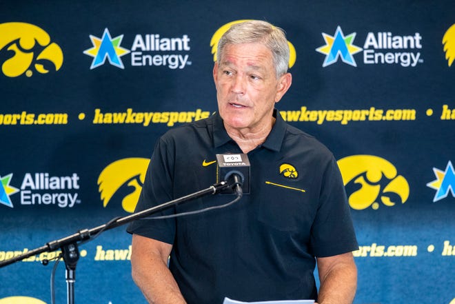 Iowa head coach Kirk Ferentz speaks during a news conference, Thursday, July 16, 2020, at the Pacha Family Club Room in the north end zone of Kinnick Stadium in Iowa City, Iowa.
