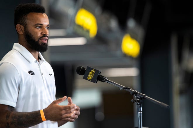 Iowa linebacker Djimon Colbert speaks during a news conference, Thursday, July 16, 2020, at the Pacha Family Club Room in the north end zone of Kinnick Stadium in Iowa City, Iowa.