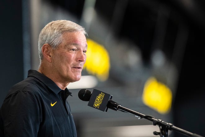 Iowa head coach Kirk Ferentz answers a question during a news conference, Thursday, July 16, 2020, at the Pacha Family Club Room in the north end zone of Kinnick Stadium in Iowa City, Iowa.