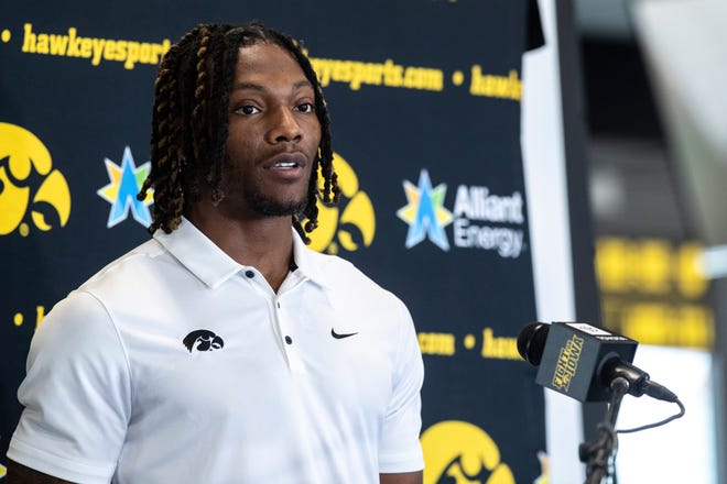 Iowa wide receiver Brandon Smith speaks during a news conference, Thursday, July 16, 2020, at the Pacha Family Club Room in the north end zone of Kinnick Stadium in Iowa City, Iowa.