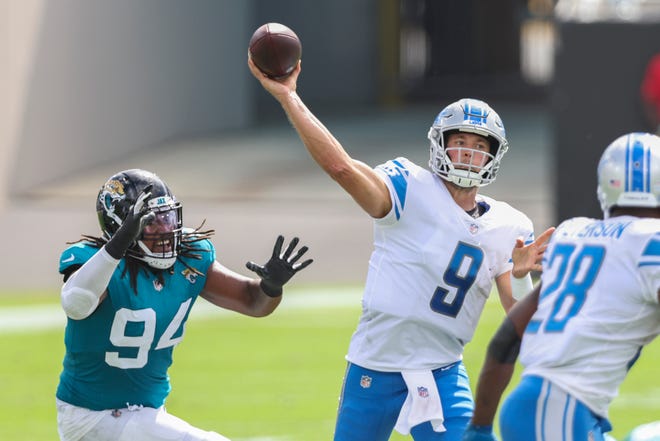 Matthew Stafford (9) of the Detroit Lions throws a pass during the second quarter of a game against the Jacksonville Jaguars at TIAA Bank Field on Oct. 18, 2020, in Jacksonville, Florida.