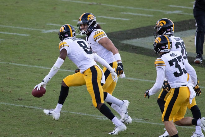 Shown here during Iowa's loss at Purdue on Oct 24, 2020, Matt Hankins, Dane Belton, Riley Moss and Jack Koerner will anchor the Hawkeyes' secondary again in 2021.