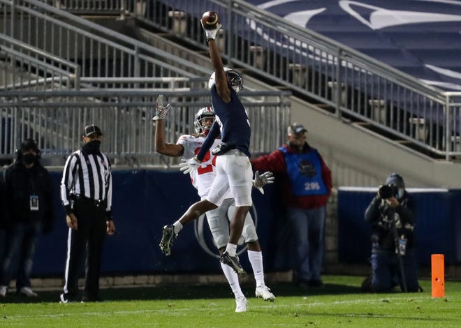 Jahan Dotson scored all three Penn State touchdowns - including this spectacular grab - in the Nittany Lions' loss to Ohio State.