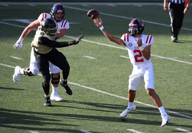 Ole Miss quarterback Matt Corral completed 31 of his 34 passes for 412 yards and six touchdowns in a blowout win over Vanderbilt.