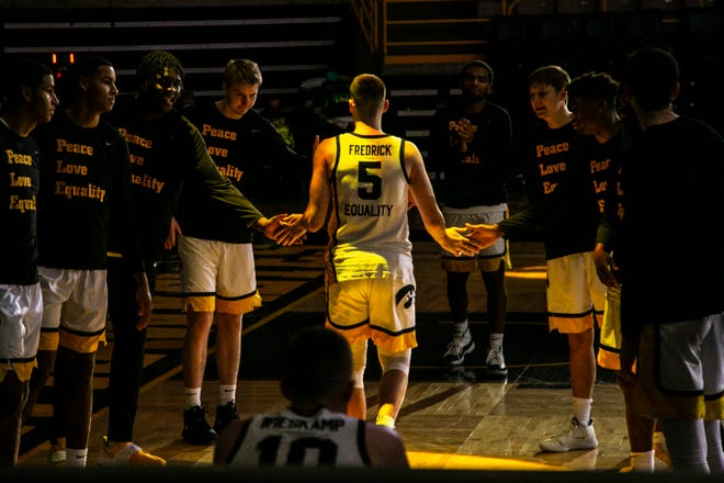 Iowa guard CJ Fredrick (5) is introduced before a NCAA non-conference men's basketball game, Friday, Nov. 27, 2020, at Carver-Hawkeye Arena in Iowa City, Iowa.