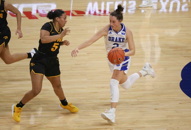 Drake guard Maddie Monahan runs the ball up the court in the first quarter against Iowa at the Knapp Center in Des Moines on Wednesday, Dec. 2, 2020.