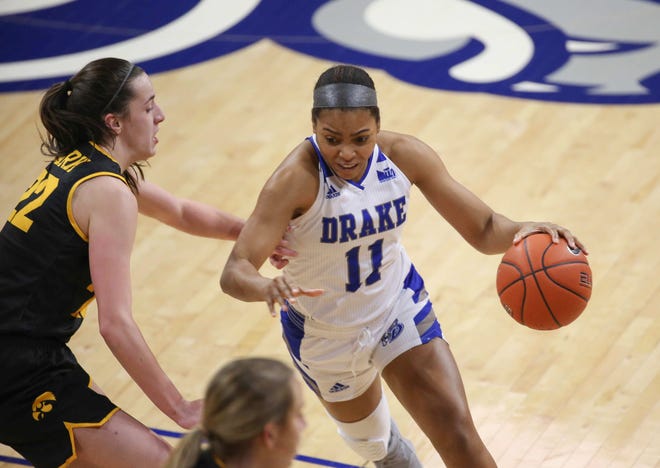 Drake's Kierra Collier drives the ball around Iowa's Caitlin Clark in the fourth quarter at the Knapp Center in Des Moines on Wednesday, Dec. 2, 2020.
