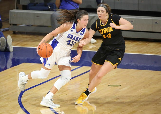 Drake's Maggie Bair drives the ball inside in the third quarter against Iowa at the Knapp Center in Des Moines on Wednesday, Dec. 2, 2020.