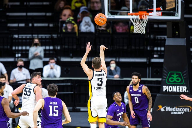 Jordan Bohannon connected on five second-half 3-pointers as Iowa pulled away from Northwestern, 87-72.