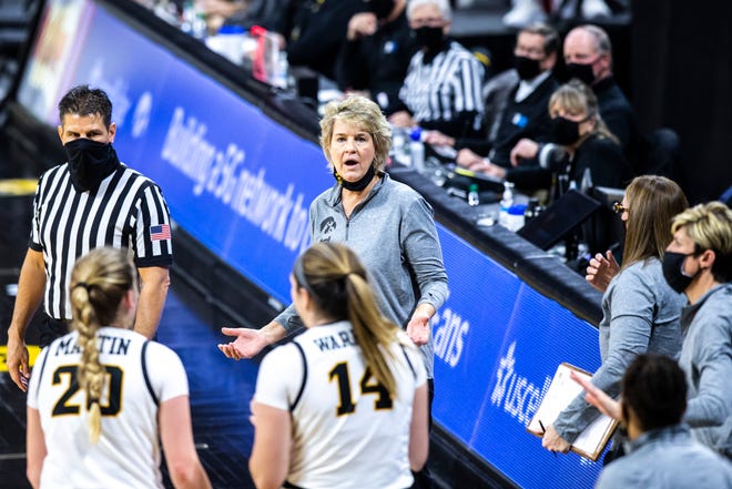 Iowa head coach Lisa Bluder reacts during a NCAA Big Ten Conference women's basketball game, Thursday, Dec. 31, 2020, at Carver-Hawkeye Arena in Iowa City, Iowa.