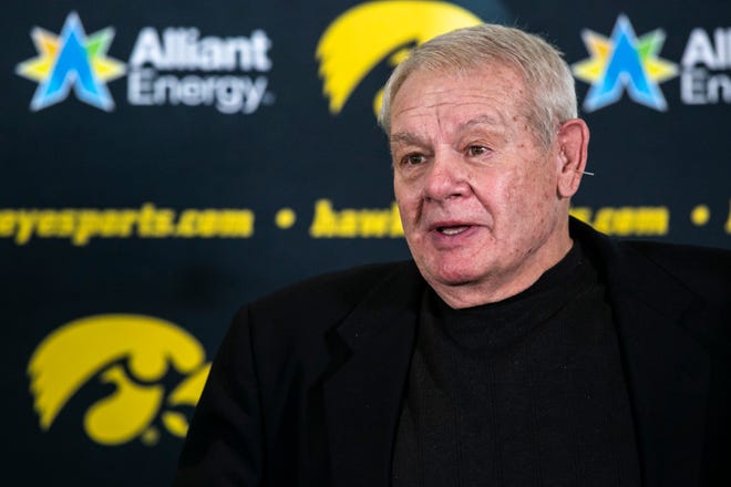 Journalist and author Mike Chapman speaks to reporters during Hawkeyes wrestling media day before presenting the Hodge Trophy, Tuesday, Jan. 5, 2021, at the McCord Club level of Kinnick Stadium in Iowa City, Iowa.