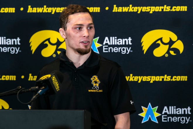 Iowa 125-pound wrestler Spencer Lee speaks to reporters during Hawkeyes wrestling media day, Tuesday, Jan. 5, 2021, at the McCord Club level of Kinnick Stadium in Iowa City, Iowa.