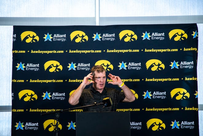 Iowa head coach Tom Brands speaks to reporters during Hawkeyes wrestling media day, Tuesday, Jan. 5, 2021, at the McCord Club level of Kinnick Stadium in Iowa City, Iowa.