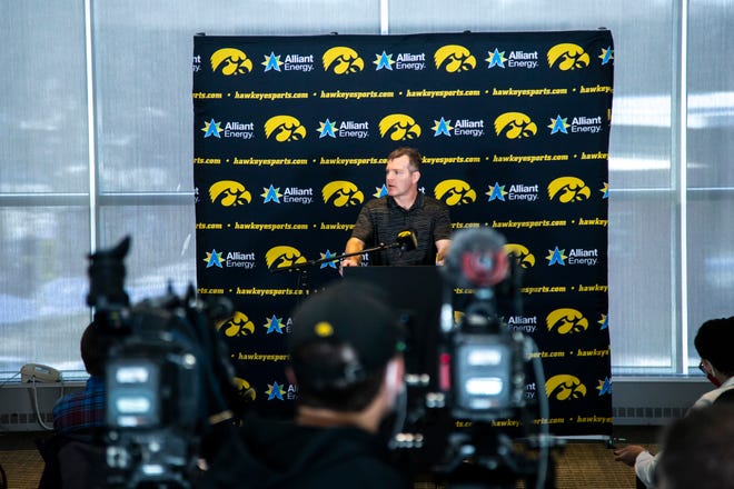 Iowa head coach Tom Brands speaks to reporters during Hawkeyes wrestling media day, Tuesday, Jan. 5, 2021, at the McCord Club level of Kinnick Stadium in Iowa City, Iowa.