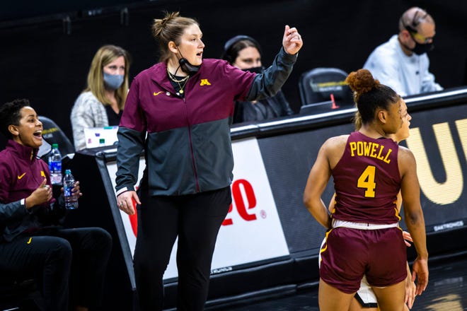 Minnesota head coach Lindsay Whalen calls out to players during a NCAA Big Ten Conference women's basketball game, Wednesday, Jan. 6, 2021, at Carver-Hawkeye Arena in Iowa City, Iowa.
