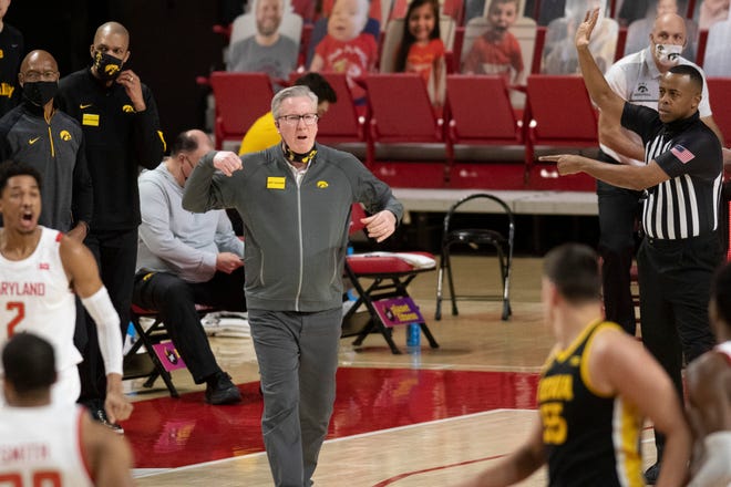 Iowa Hawkeyes head coach Fran McCaffery reacts after calling a time out during the first half against the Maryland Terrapins on Jan. 7 at Xfinity Center in College Park, Maryland.