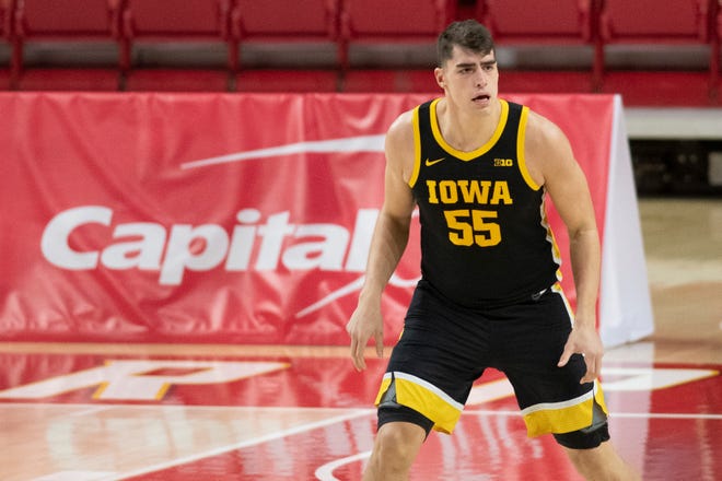 Jan 7, 2021; College Park, Maryland, USA; Iowa Hawkeyes center Luka Garza (55) during the first half against the Maryland Terrapins  at Xfinity Center.