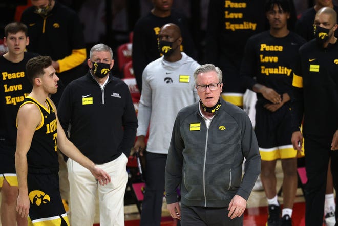 COLLEGE PARK, MARYLAND - JANUARY 07: Head coach Fran McCaffery of the Iowa Hawkeyes  looks on in the first half against the Maryland Terrapins at Xfinity Center on January 07, 2021 in College Park, Maryland.