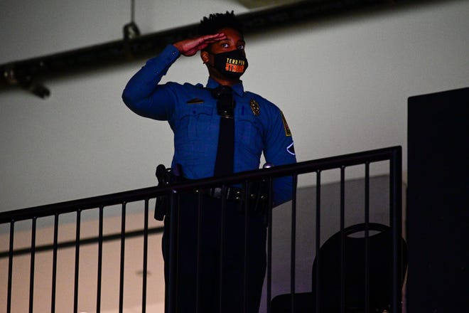 A Maryland Terrapins police officer stands during the playing of the national anthem before the game against the Iowa Hawkeyes on Jan. 7 at Xfinity Center in College Park, Maryland.