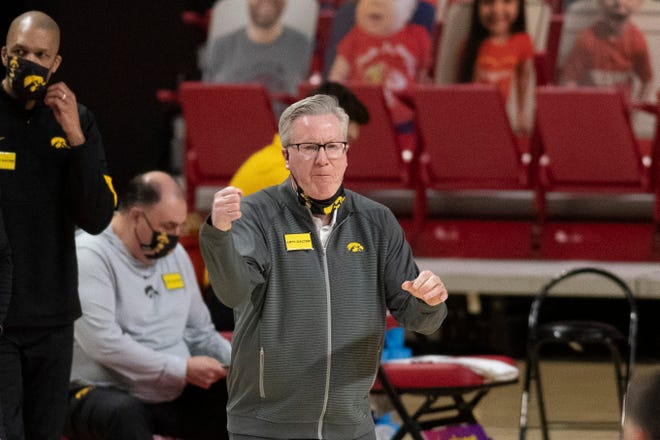 Jan 7, 2021; College Park, Maryland, USA;  Iowa Hawkeyes head coach Fran McCaffery reacts after calling a time out during the first half against the Maryland Terrapins at Xfinity Center.