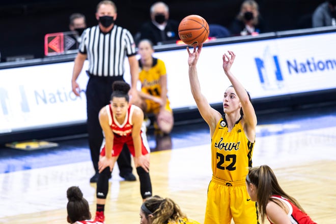 Iowa guard Caitlin Clark (22) makes a free throw during a NCAA Big Ten Conference women's basketball game against Ohio State, Wednesday, Jan. 13, 2021, at Carver-Hawkeye Arena in Iowa City, Iowa.