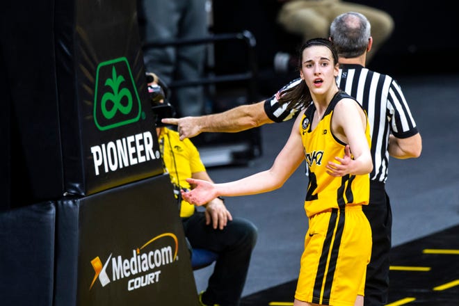 Iowa guard Caitlin Clark (22) reacts in overtime during a NCAA Big Ten Conference women's basketball game against Ohio State, Wednesday, Jan. 13, 2021, at Carver-Hawkeye Arena in Iowa City, Iowa.
