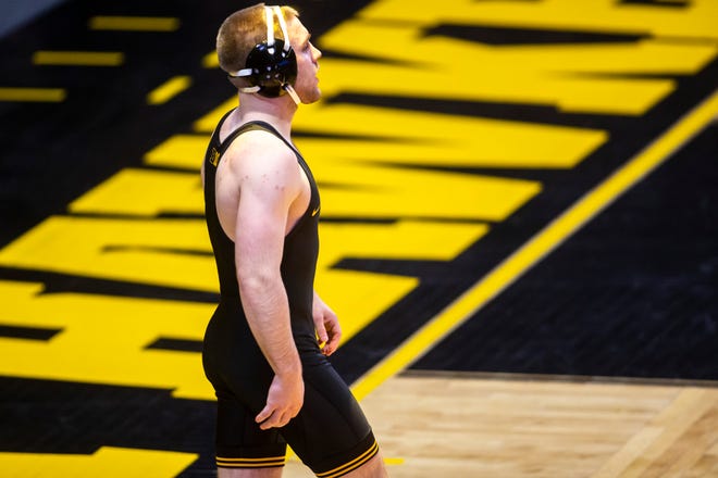 Iowa's Patrick Kennedy is introduced before a match at 174 pounds during a NCAA Big Ten Conference wrestling dual against Nebraska, Friday, Jan. 15, 2021, at Carver-Hawkeye Arena in Iowa City, Iowa.