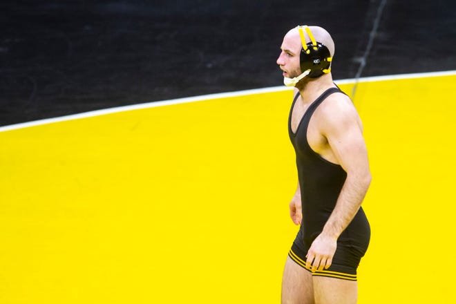 Iowa's Alex Marinelli wrestles at 165 pounds during a NCAA Big Ten Conference wrestling dual against Nebraska, Friday, Jan. 15, 2021, at Carver-Hawkeye Arena in Iowa City, Iowa.