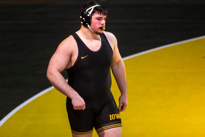 Iowa's Tony Cassioppi is introduced before a match at 285 pounds during a NCAA Big Ten Conference wrestling dual against Nebraska, Friday, Jan. 15, 2021, at Carver-Hawkeye Arena in Iowa City, Iowa.