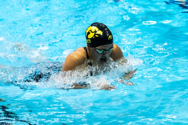 Iowa's Alexa Puccini competes in the 200 yard individual medley during a NCAA Big Ten Conference swimming and diving meet, Saturday, Jan. 16, 2021, at the Campus Recreation and Wellness Center on the University of Iowa campus in Iowa City, Iowa.