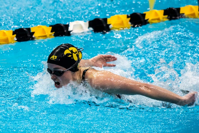 Iowa's Kelsey Drake competes in the 200 yard butterfly during a NCAA Big Ten Conference swimming and diving meet, Saturday, Jan. 16, 2021, at the Campus Recreation and Wellness Center on the University of Iowa campus in Iowa City, Iowa.
