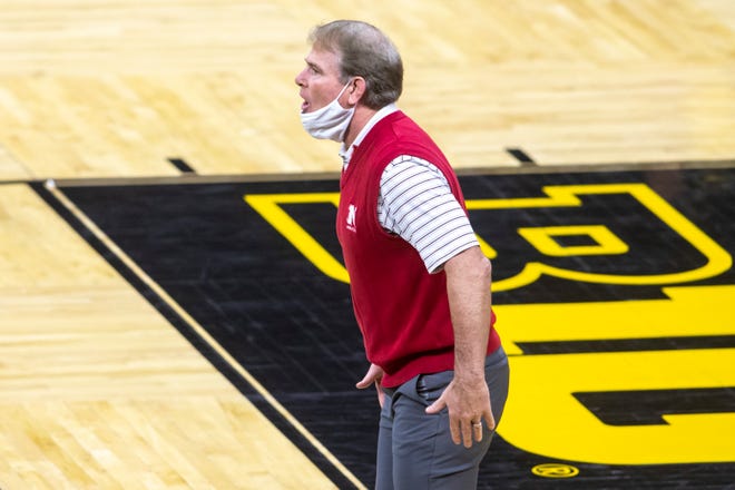 Nebraska head coach Mark Manning calls out instructions during a NCAA Big Ten Conference wrestling dual, Friday, Jan. 15, 2021, at Carver-Hawkeye Arena in Iowa City, Iowa.