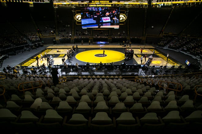 A general view as introductions take place during a NCAA Big Ten Conference wrestling dual between the Iowa Hawkeyes and the Nebraska Cornhuskers, Friday, Jan. 15, 2021, at Carver-Hawkeye Arena in Iowa City, Iowa.