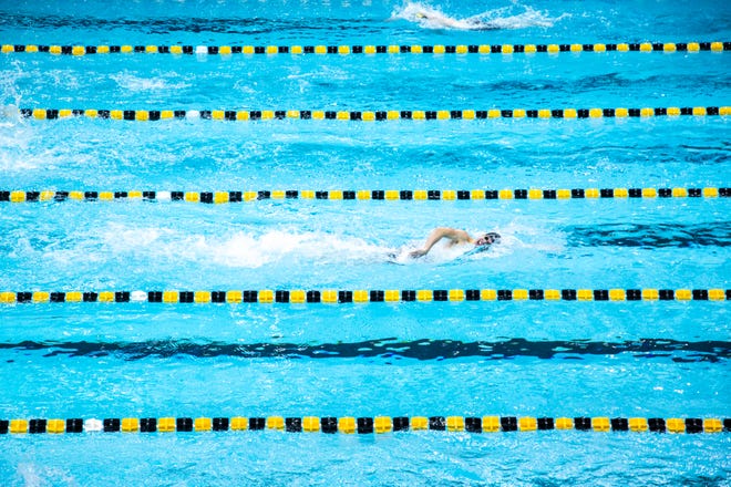 Iowa's Mateusz Arndt competes in the 500 yard freestyle during a NCAA Big Ten Conference swimming and diving meet, Saturday, Jan. 16, 2021, at the Campus Recreation and Wellness Center on the University of Iowa campus in Iowa City, Iowa.