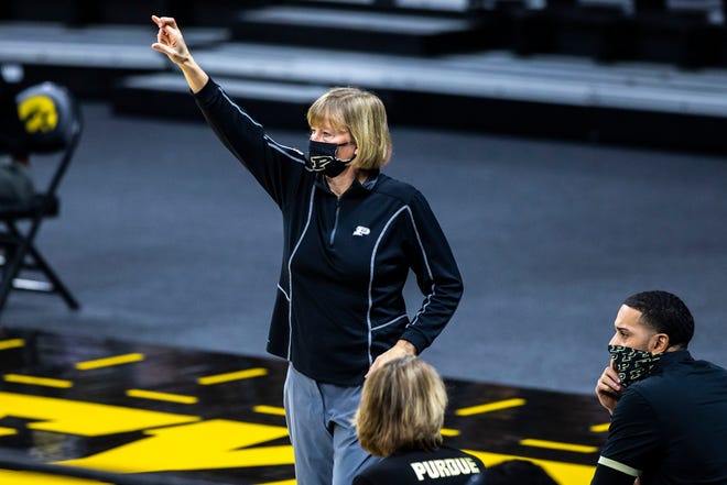 Purdue head coach Sharon Versyp calls out to players during a NCAA Big Ten Conference women's basketball game, Monday, Jan. 18, 2021, at Carver-Hawkeye Arena in Iowa City, Iowa.