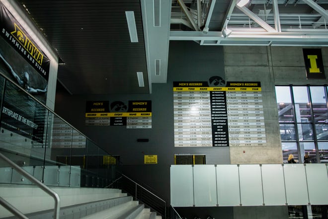 Iowa Hawkeyes school record holders have their names on the displayed on the wall during a NCAA Big Ten Conference swimming and diving meet, Saturday, Jan. 16, 2021, at the Campus Recreation and Wellness Center on the University of Iowa campus in Iowa City, Iowa.