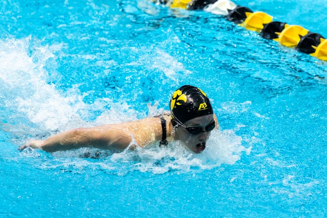 Iowa's Kelsey Drake competes in the 200 yard individual medley during a NCAA Big Ten Conference swimming and diving meet, Saturday, Jan. 16, 2021, at the Campus Recreation and Wellness Center on the University of Iowa campus in Iowa City, Iowa.